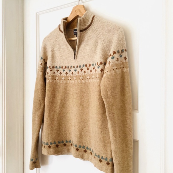 𝅺Woolrich Women’s Lamb’s Wool 1/4 zip Sweater M Raglan Skiing Fair Isle Camel - Picture 3 of 12